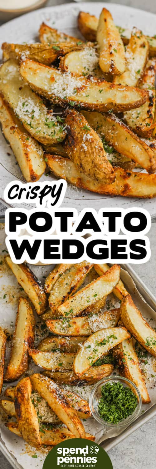 Parmesan potato wedges combine simple pantry ingredients with a dependable oven method. Olive oil helps the russet potatoes brown, while finely shredded Parmesan, garlic powder, onion powder, and parsley create a savory coating. The finished wedges are crisp around the edges and soft inside, making them ideal for burgers, chicken, or steak. Add this Parmesan potato wedges recipe to your side-dish collection. #spendwithpennies Crispy Baked Potato Wedges on a sheet pan and plated with writing