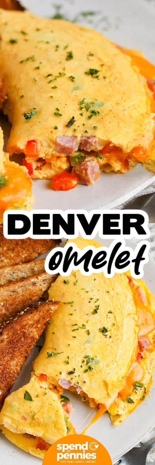 This Denver omelet recipe delivers classic diner flavor with tender eggs, savory ham, sweet peppers, onion, and gooey cheddar in every bite. Finely dicing the filling helps it cook quickly and makes the omelet easier to fold, while medium-low heat keeps the eggs tender. It makes one generous serving and is easy to customize with another melting cheese or cooked vegetables. Pin the recipe for a cozy weekend breakfast. #spendwithpennies Denver Omelet on a plate with toast and close up photo of omelet with a bite taken out