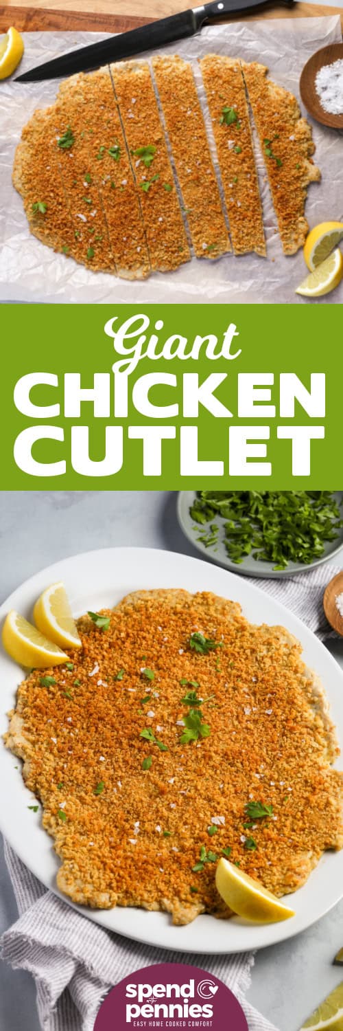 This Giant Chicken Cutlet recipe is a simple oven-baked dinner with a crispy panko topping and tender, flavorful chicken inside that is ready in 25 minutes. Butter-toasted breadcrumbs help create that golden cutlet-style crunch without deep frying. It is great sliced into wedges, served with salad, tucked into sandwiches, or paired with pasta. A fun recipe with everyday ingredients. Pin it now for your next chicken night. #spendwithpennies Giant Chicken Cutlet on a plate from two angles with a title.