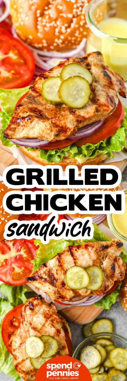 This honey mustard grilled chicken sandwich combines sweet, tangy, smoky, and fresh flavors in every bite. The grilled chicken is marinated before cooking, helping the seasoning reach every surface while the thin cutlets cook evenly. Add the chicken to toasted brioche with honey mustard, juicy tomatoes, lettuce, red onion, or crunchy pickles. It is a practical cookout recipe that also works for an easy weeknight meal. Save this recipe to your grilling board. #spendwithpennies close up of Grilled Chicken Sandwich and top view of open faced sandwiches with a title