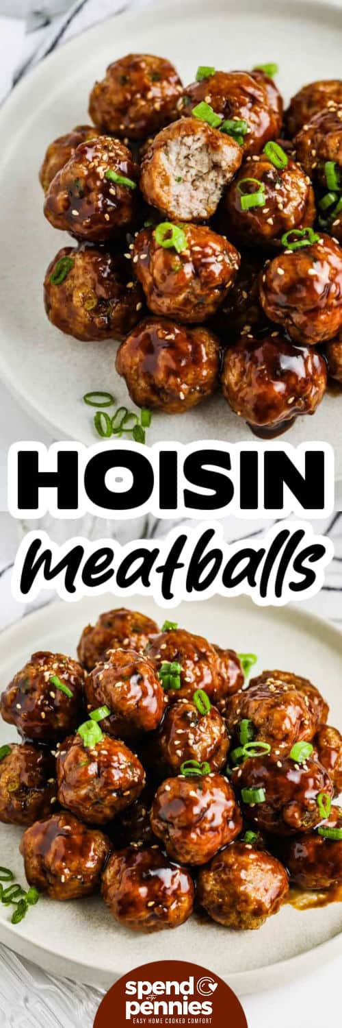 These baked hoisin meatballs are easy to prep and full of takeout-inspired flavor. Ground pork keeps them juicy, while ginger, green onions, and sesame oil add savory depth. Toss them in a quick hoisin glaze and serve with rice, noodles, lettuce cups, or vegetables for a flexible recipe that works for snacks or supper. Pin this recipe to your dinner board. #spendwithpennies hoisin glazed meatballs on a plate with writing