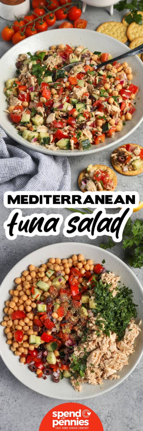 This Mediterranean tuna salad recipe turns pantry staples into a crisp and satisfying meal. Tuna and chickpeas are tossed with cucumber, tomatoes, red onion, bell pepper, parsley, and chopped olives in a tangy homemade vinaigrette. It is a practical no-cook option for warm days, work lunches, or light dinners and can be served over greens or tucked into pita. Add this easy tuna chickpea salad to your meal plan today. #spendwithpennies Mediterranean Tuna Salad ingredients in a bowl and top photo mixed and plate with a spoon with a title