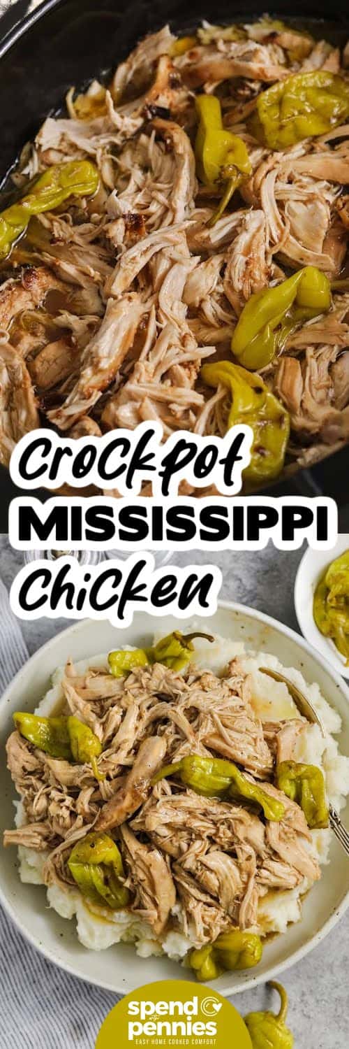 Crock Pot Mississippi chicken is cozy, savory, and easy enough for any night of the week. Boneless chicken breasts cook with ranch, au jus, pepperoncini peppers, and butter until they are fork-tender and ready to shred. Serve this Mississippi chicken recipe over creamy mashed potatoes or rice for a simple dinner with bold flavor and very little prep. Pin it to your meal board. #spendwithpennies Mississippi Chicken in the cooker and plated with a title