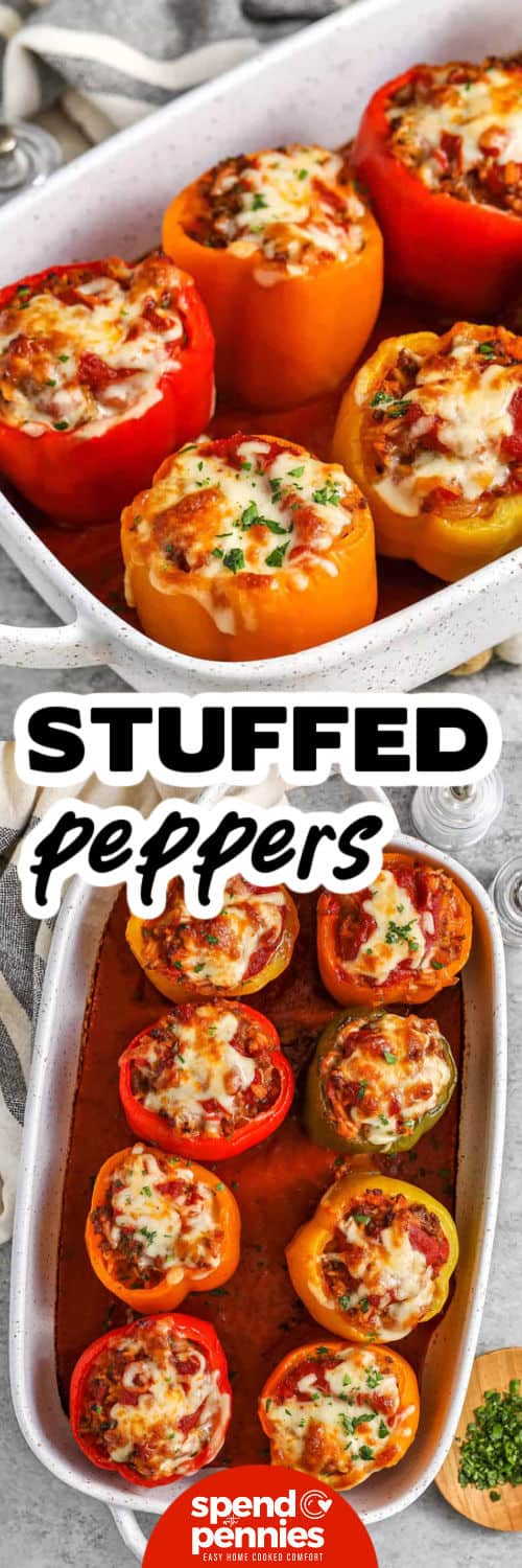 This stuffed pepper recipe is a comforting oven-baked dinner made with tender bell peppers, beef, sausage, rice, and marinara. The filling simmers first so the rice absorbs the tomato flavor before everything bakes together in one dish. Add mozzarella or cheddar on top for a cheesy finish, or leave it off for a simple saucy version that still tastes hearty. Pin this recipe for tonight’s dinner. #spendwithpennies Stuffed Peppers in a casserole dish and close up photo with a title