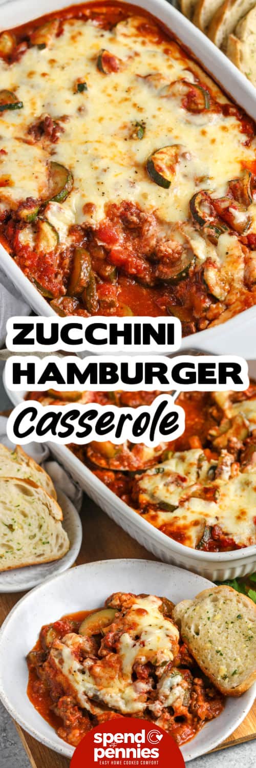 This zucchini hamburger casserole stretches one pound of beef with several fresh zucchini, tomatoes, and flavorful pasta sauce. The casserole is hearty enough to serve alone, yet it can also be spooned over pasta, rice, or quinoa when feeding a larger group. Its saucy center and browned cheese topping make leftovers worth looking forward to. Save this simple dinner for busy days and meal prep. #spendwithpennies Zucchini Hamburger Casserole in the casserole dish and bottom photo plated with a title