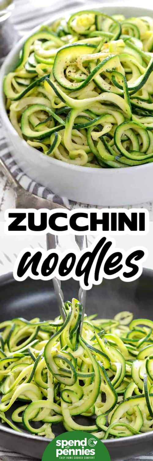This zucchini noodle recipe is a quick, practical way to turn three small zucchini into four fresh side-dish servings. The spiralized zucchini cooks in only three minutes with olive oil and Italian seasoning, so the strands stay tender with a slight bite. Finish the zoodles with butter for extra richness or leave it out for a lighter option. They pair beautifully with tomato sauce, pesto, chicken Parmesan, shrimp, or homemade meatballs. Pin this recipe for your next meal. #spendwithpennies Zucchini Noodles in the pan and plated with a title