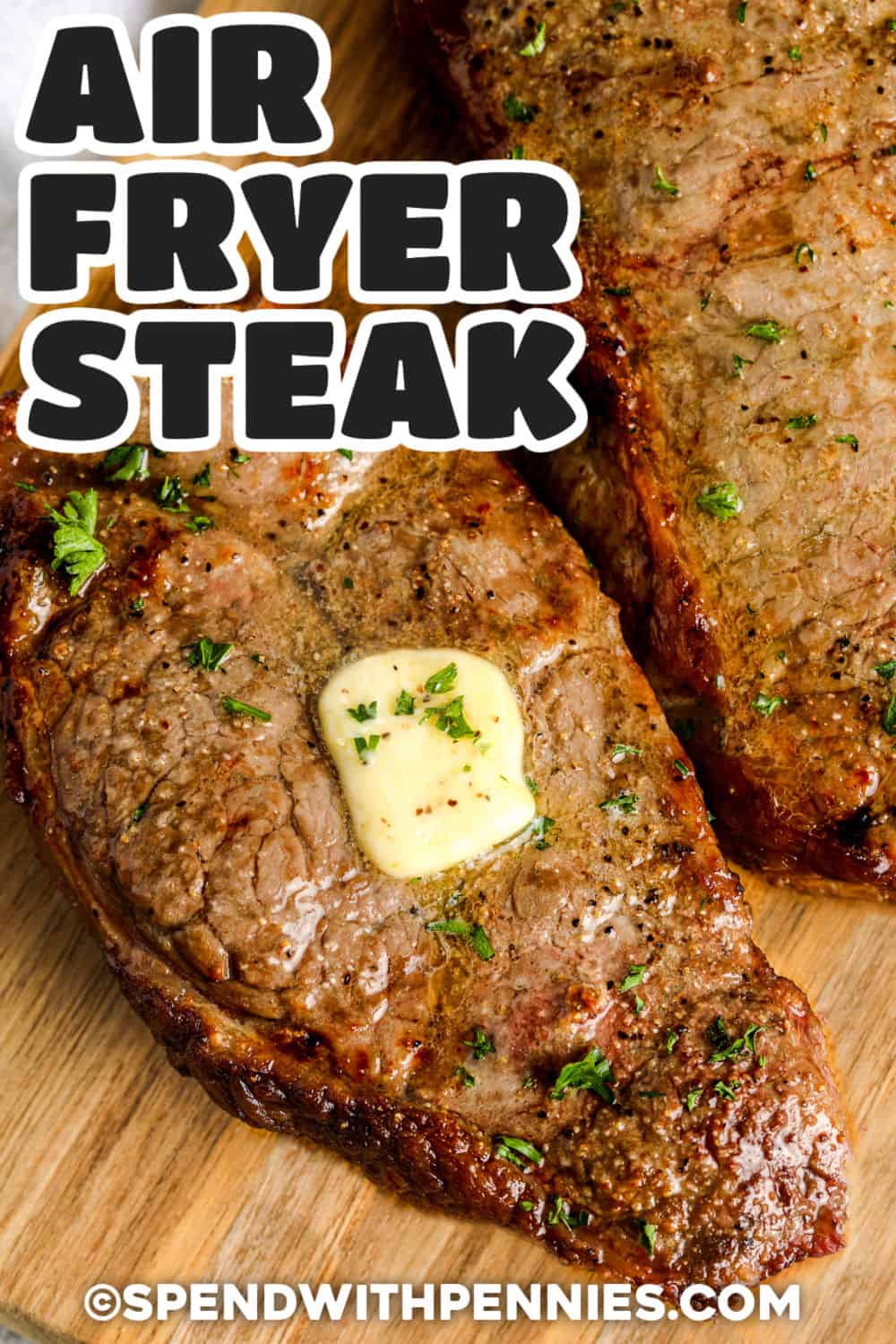 This Air Fryer steak recipe delivers restaurant-quality results with very little effort. Thick-cut ribeye, striploin, or sirloin steaks cook quickly and evenly, developing rich flavor and a beautifully browned exterior. Pair them with baked potatoes, roasted vegetables, or a crisp salad for an easy meal that's impressive enough for guests but simple enough for weeknights. Save this recipe for later. #spendwithpennies Air Fryer Steak with butter and a title