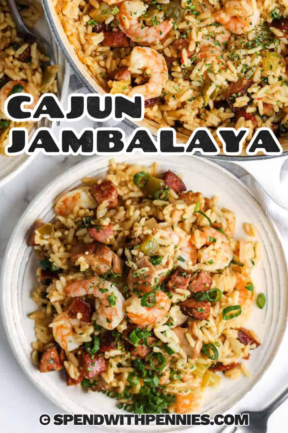 Cajun jambalaya is a bold one-pot dinner made with chicken, smoked sausage, shrimp, bell pepper, celery, onion, and parboiled rice. Browning the meat first adds deep flavor, while baking the rice keeps the cooking simple and hands-off. This recipe is hearty enough to serve on its own and makes delicious leftovers for lunch the next day. Pin it for your next dinner. #spendwithpennies Cajun Jambalaya on a plate and in a pot with a title