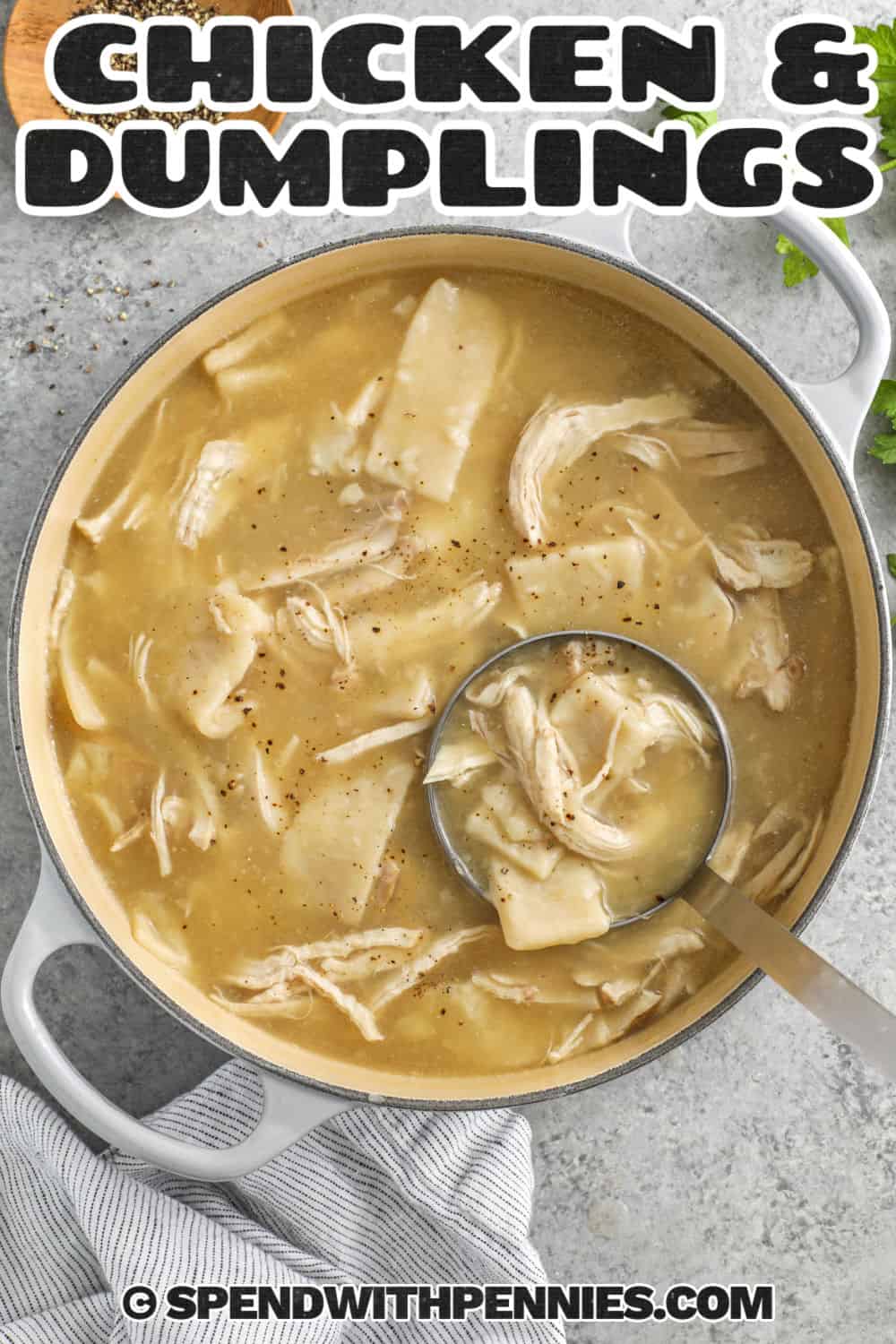 pot of Chicken and Dumplings with a title
