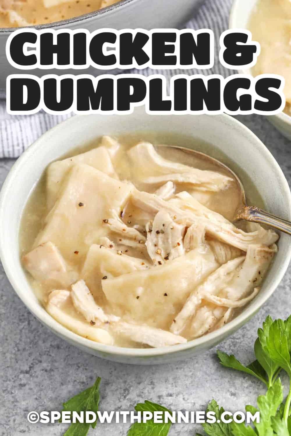 bowls of Chicken and Dumplings with writing