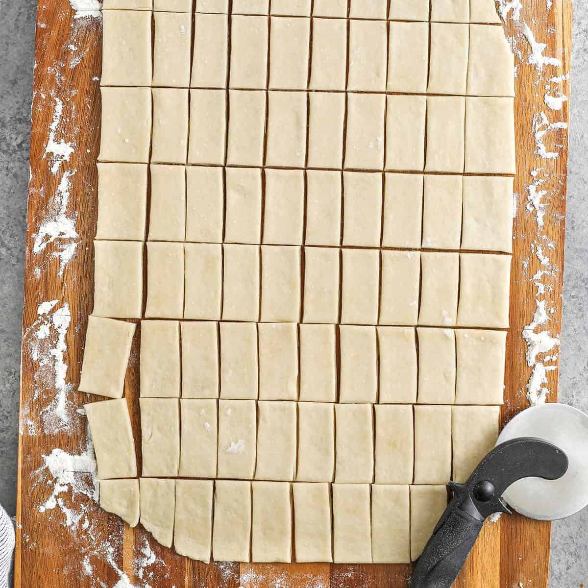 sliced dumpling dough to make Old Fashioned Chicken and Dumplings
