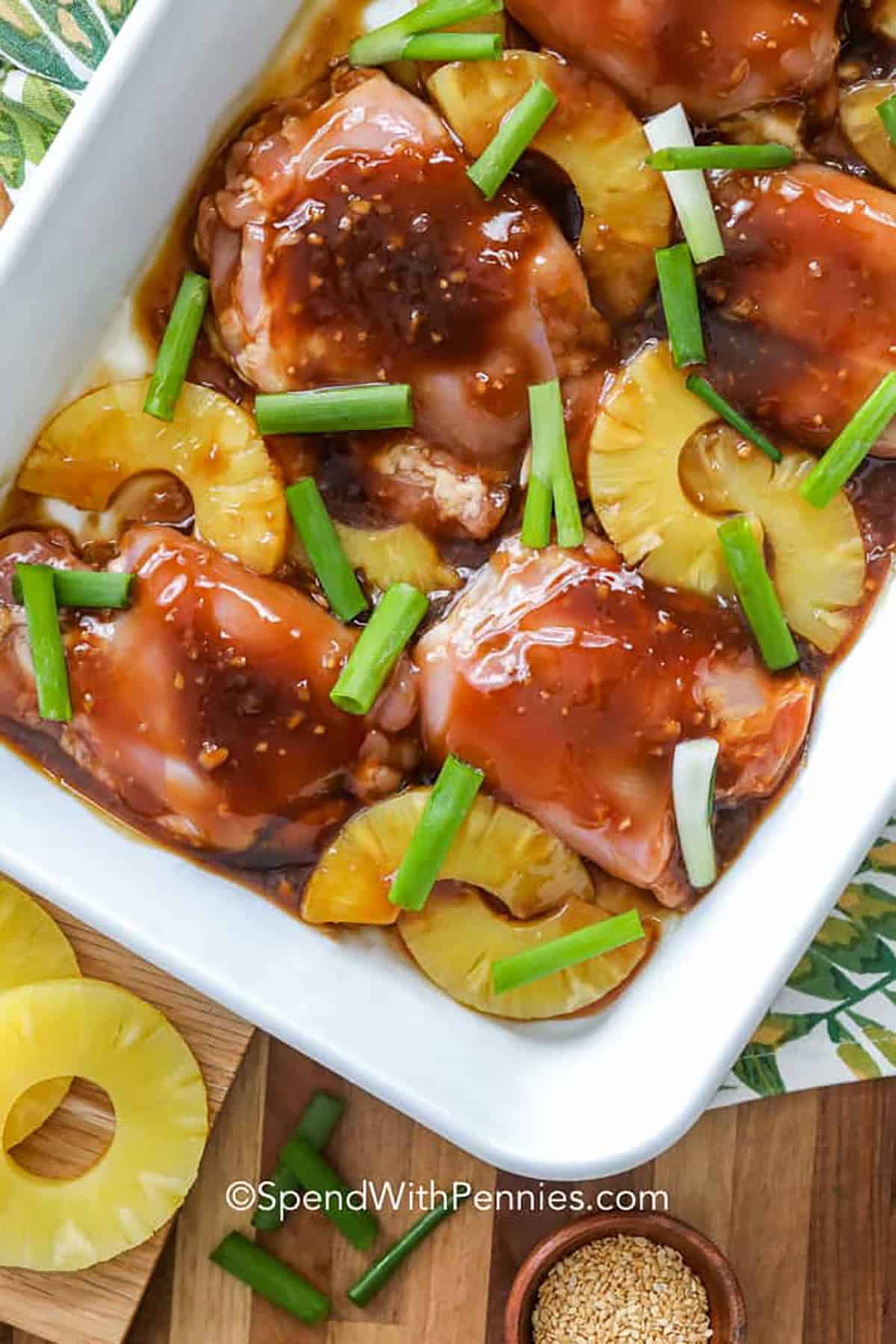 Pineapple Teriyaki Chicken ingredients in a dish before cooking