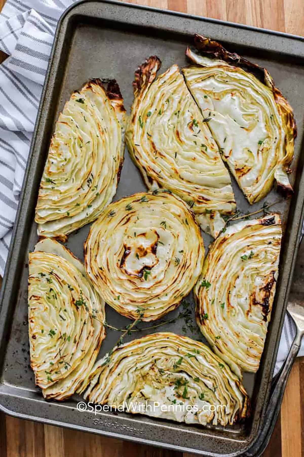 cooked Roasted Cabbage Steaks on a sheet pan