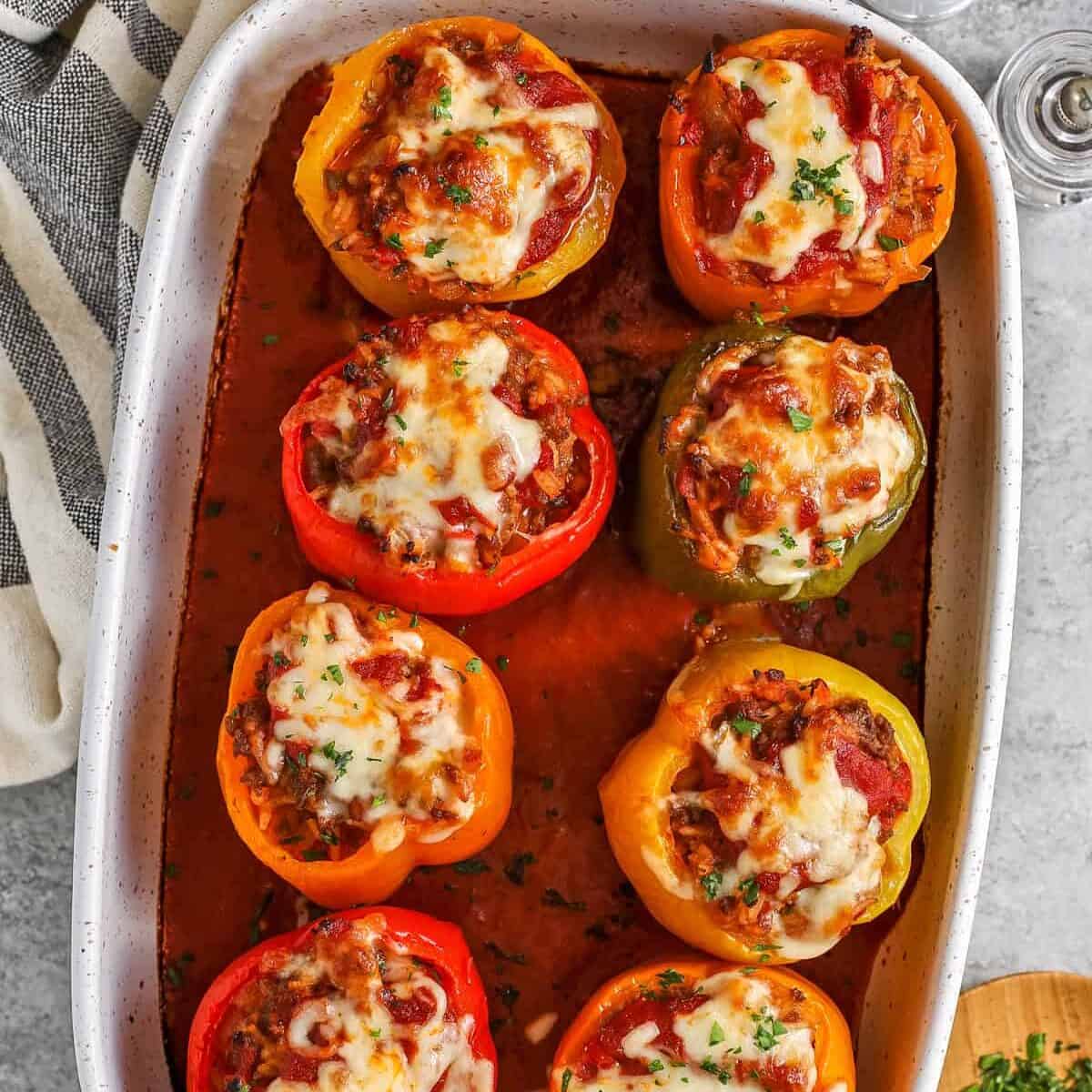 cooked Stuffed Peppers in a baking dish