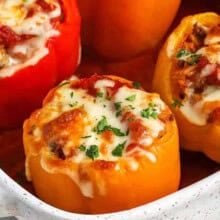 close up of Stuffed Peppers in a casserole dish