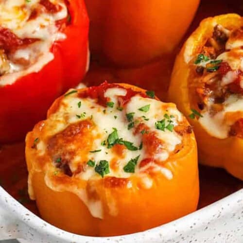 close up of Stuffed Peppers in a casserole dish