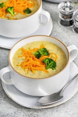bowls of Broccoli Cheddar Soup.