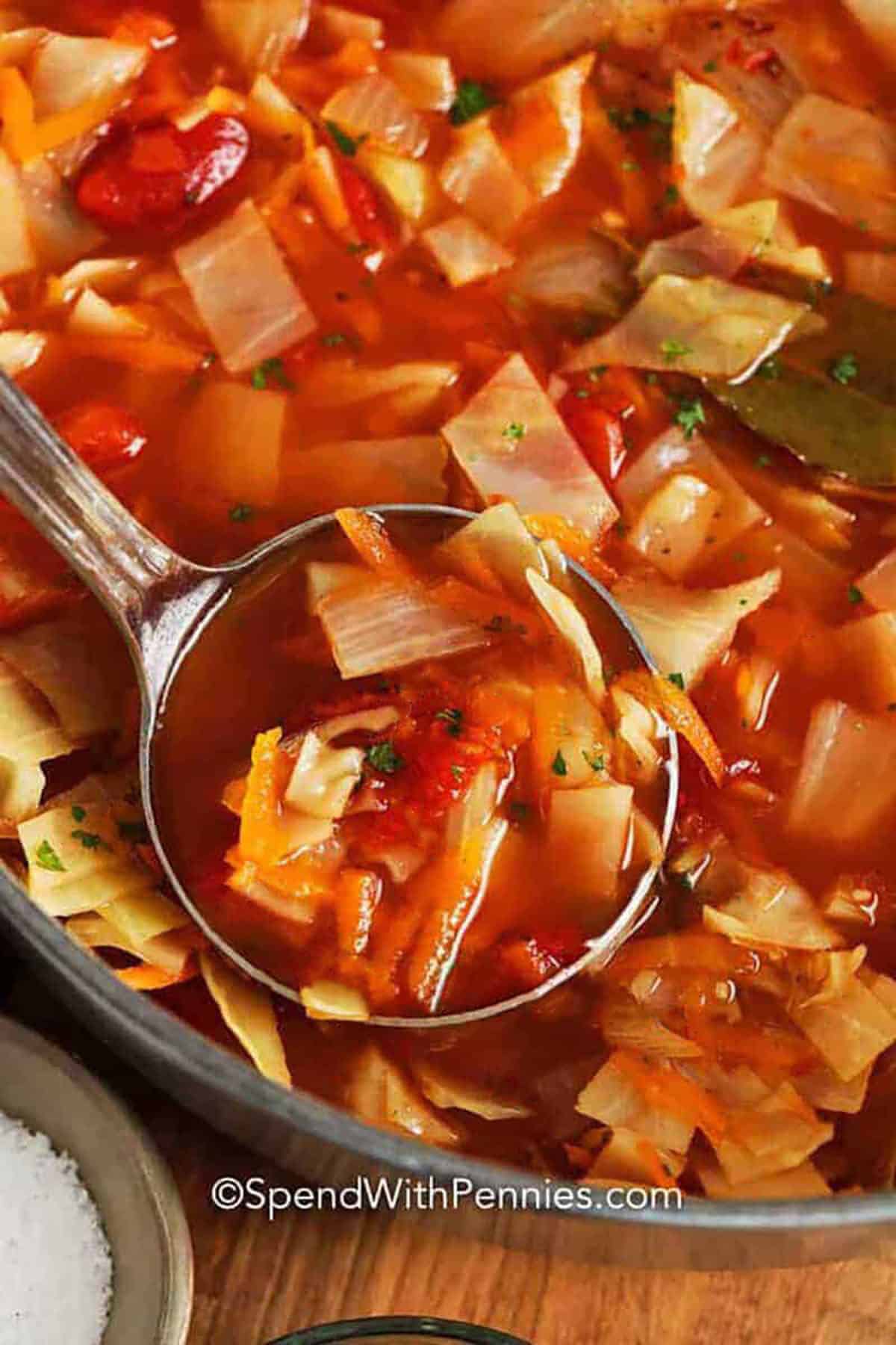Cabbage Soup in a bowl with a ladle