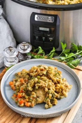 Crockpot Chicken and Stuffing on a plate with pot full in the back.