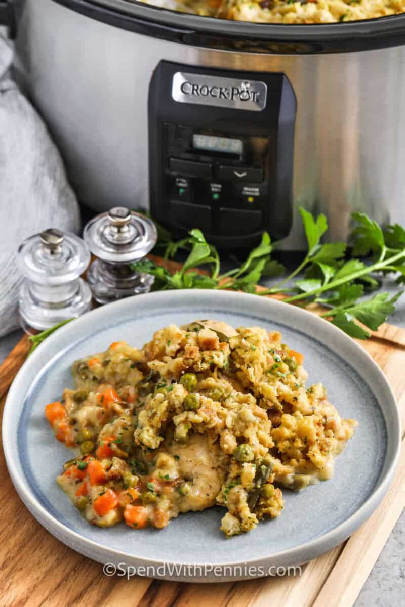 Crockpot Chicken and Stuffing on a plate with pot full in the back.