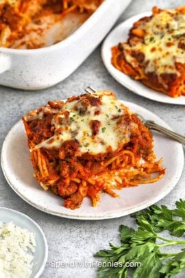 hearty Million Dollar Spaghetti on plates.
