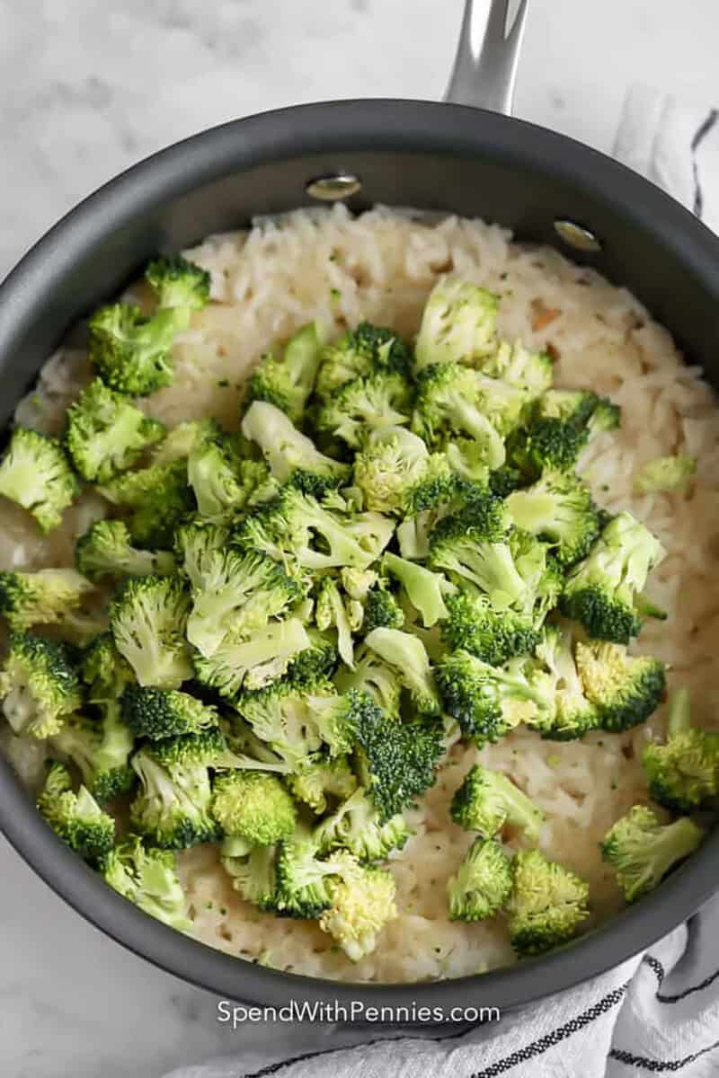 adding broccoli to rice to make Broccoli Rice