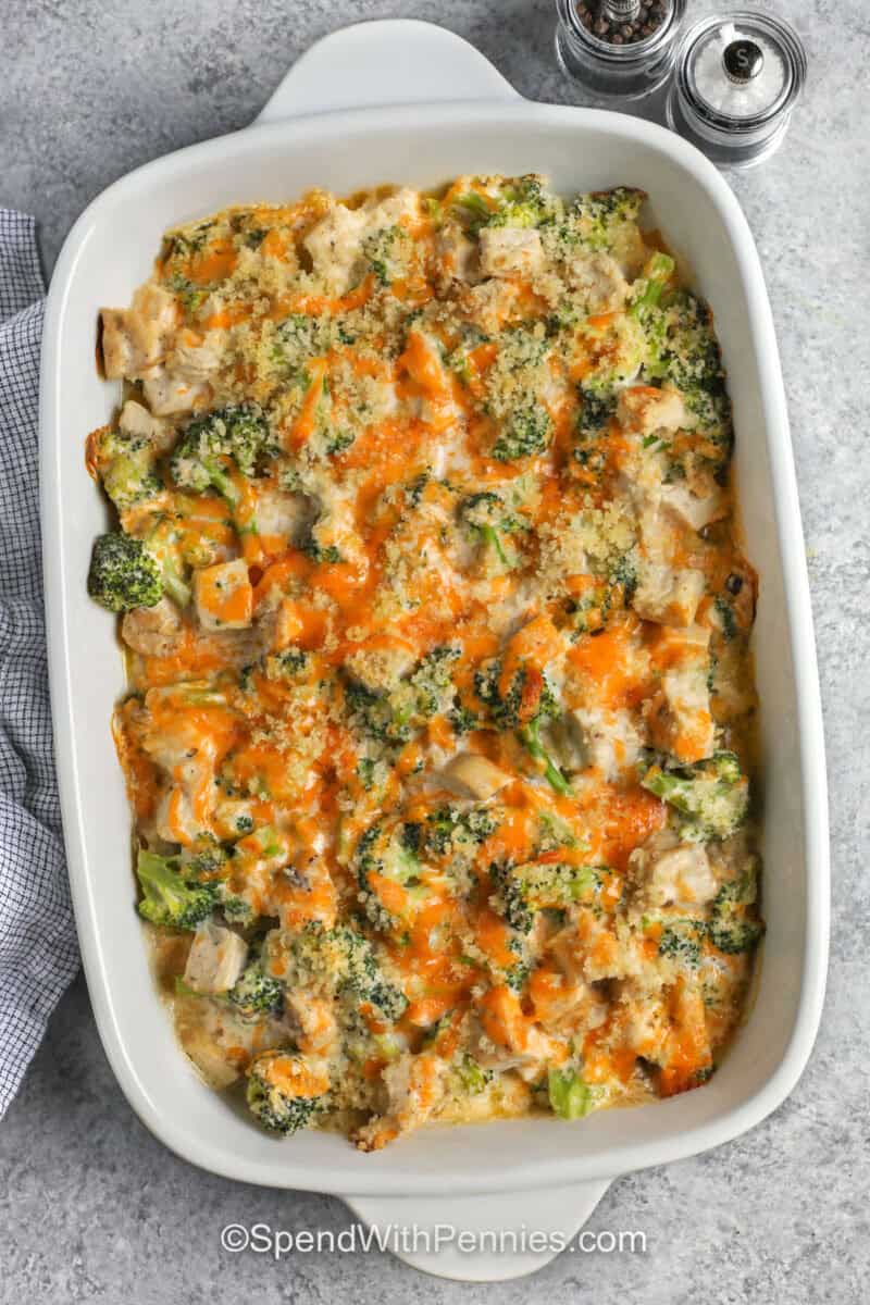 Chicken Divan in a casserole dish.