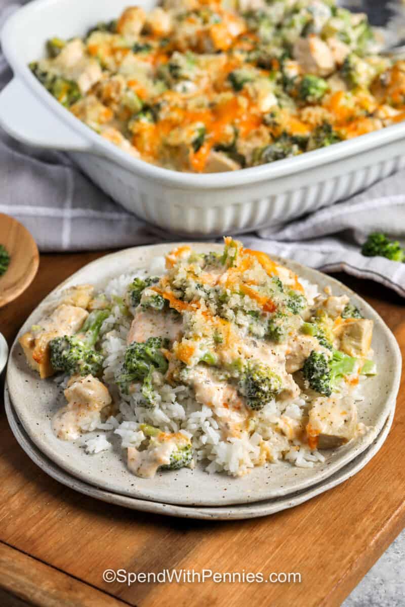 plated Chicken Divan with casserole dish full.