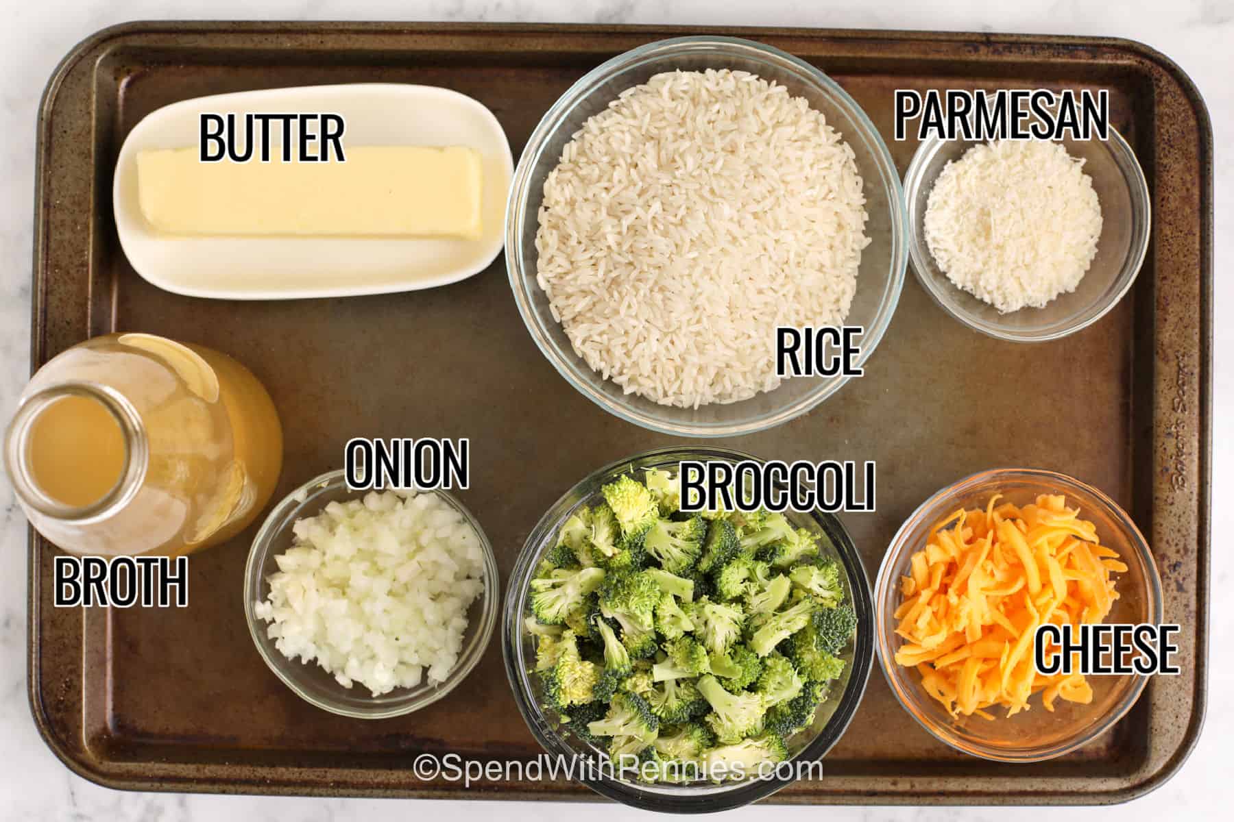 butter broth rice onion broccoli cheese rice parmesan with labels to make Broccoli Rice