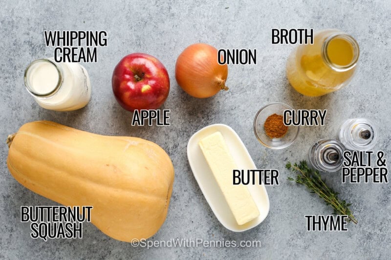 This butternut squash soup is smooth, creamy, and full of sweet and savory fall flavor. Roasting the butternut squash first brings out its natural sweetness, while apple, thyme, and sage add warmth and balance. Heavy cream gives the finished soup a silky texture, and crisp croutons add just the right amount of crunch. Save this soup recipe for an easy cold-weather lunch or dinner. #spendwithpennies whipping cream , apple , butternut squash , onion , curry , butter , thyme , broth , salt and pepper with labels to make Butternut Squash Soup