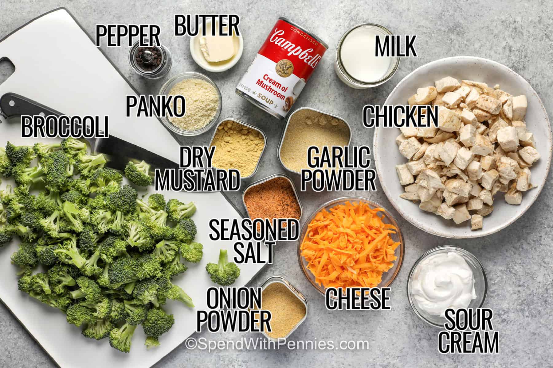 This easy chicken divan is a cozy casserole packed with tender cooked chicken, fresh broccoli, cheddar cheese, and a rich, creamy sauce. A buttery panko breadcrumb topping bakes until lightly crisp and golden for the perfect contrast to the creamy filling. With only 15 minutes of prep, this classic chicken and broccoli casserole is an easy choice for busy weeknight dinners. Save this chicken divan recipe for your next cozy family meal. #spendwithpennies broccoli , chicken , cheese , sour cream , milk , cream of mushroom soup , butter , onion powder , garlic powder , seasoned salt , dry mustard , Panko , butter , pepper with writing to make Chicken Divan.