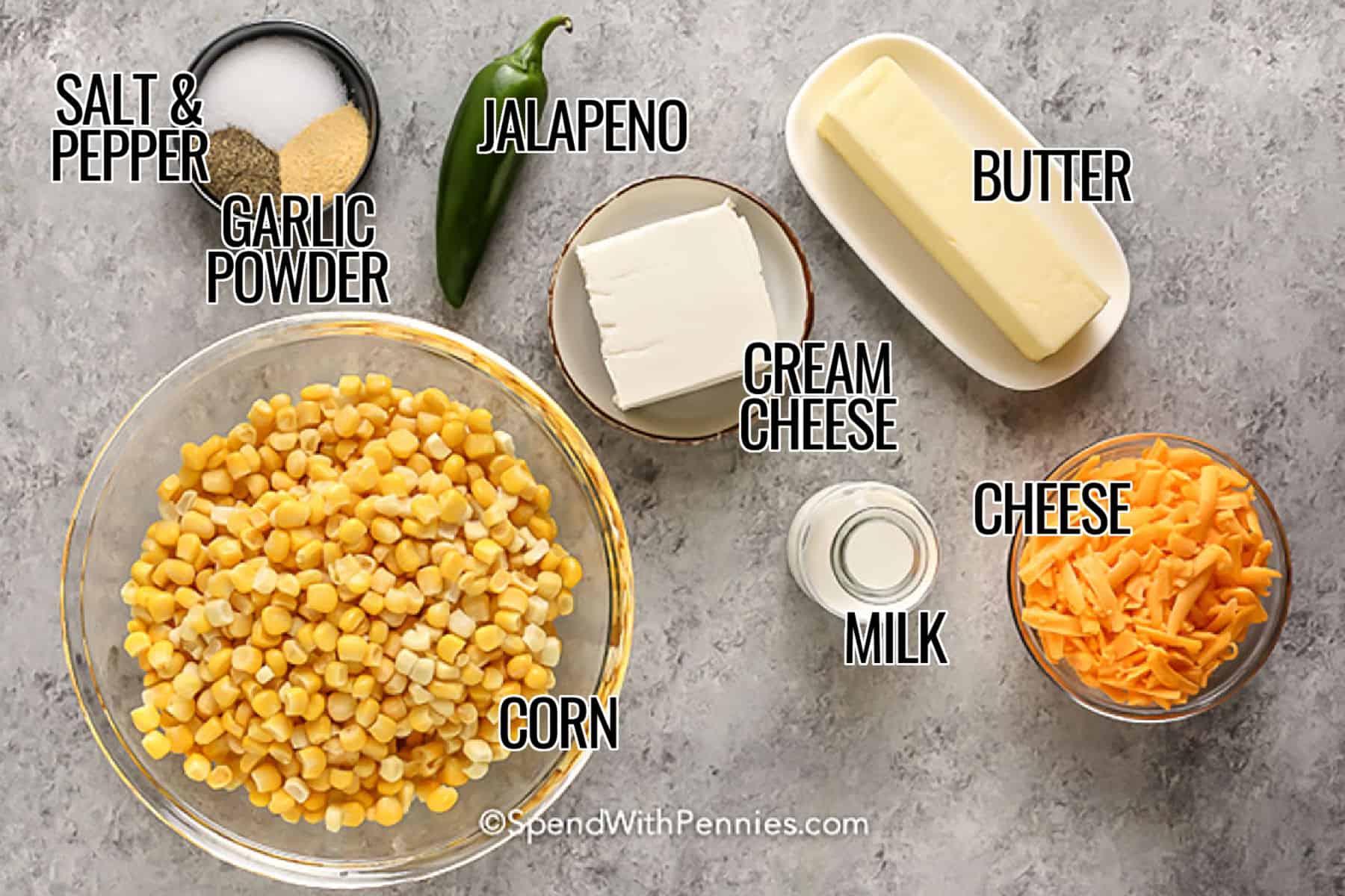 Cheesy crock pot creamed corn is a simple slow cooker side that works just as well beside holiday turkey as it does with ham, chicken, or pork. Frozen corn keeps preparation easy, while cream cheese, milk, butter, and cheddar make the finished dish rich and spoonably creamy. It serves a crowd without needing constant attention at the stove. Pin this easy creamed corn recipe for holidays, potlucks, and family dinners. #spendwithpennies cheese , milk butter , cream cheese , jalapeño , garlic powder , salt and pepper with labels to make Crock Pot Creamed Corn.