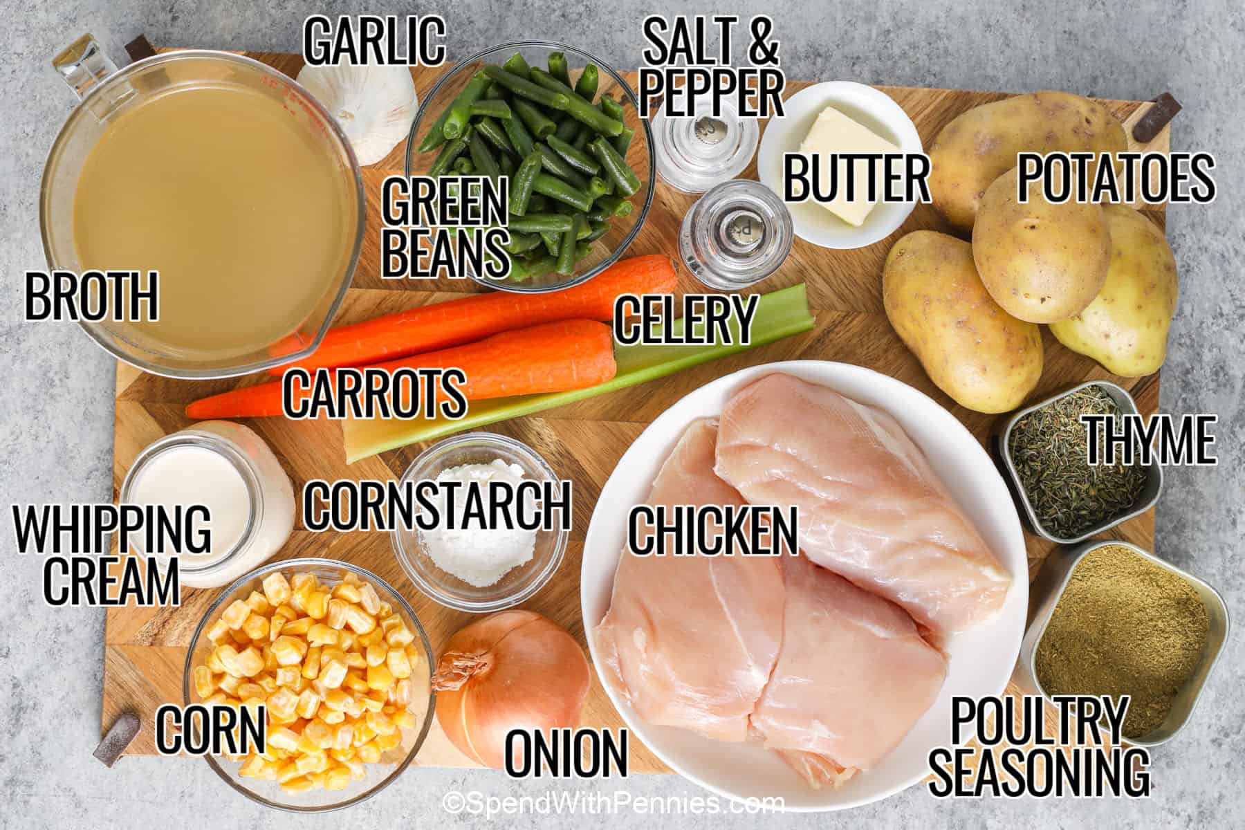 Slow cooker chicken stew is a cozy dinner filled with tender chicken, Yukon gold potatoes, carrots, corn, and green beans in a rich, creamy broth. Poultry seasoning and thyme add classic savory flavor while the slow cooker handles most of the work. Whole chicken breasts make prep easy and shred beautifully once tender. Save this comforting slow cooker recipe for chilly nights and busy family dinners. #spendwithpennies broth , garlic , green beans , carrots , celery, cornstarch , whipping cream , corn , onion , chicken , poultry seasoning , thyme , potatoes , butter , salt and pepper with labels to make Slow Cooker Chicken Stew.