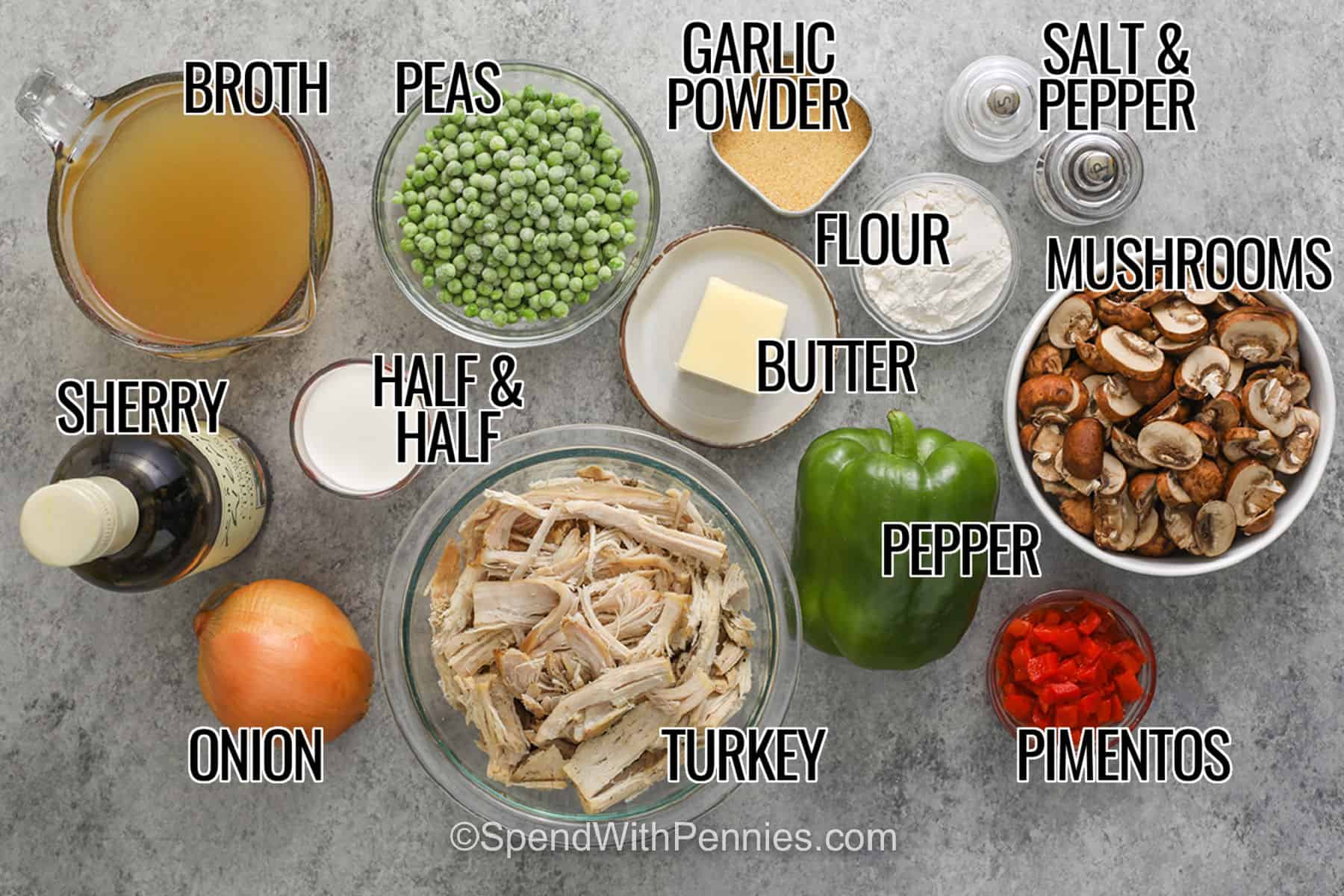 Turkey a la king makes a delicious dinner when you have leftover turkey on hand. A creamy sauce brings together tender turkey, mushrooms, peas, bell pepper, and pimentos for a hearty meal. Spoon it over fluffy rice, pasta, or warm biscuits to make this easy turkey recipe even more satisfying. It is a simple way to give leftovers a fresh new purpose without much fuss. Add it to your meal plan today. #spendwithpennies broth , peas , half and half , sherry , onion , turkey , pepper , butter , flour , garlic powder , mushrooms , pimentos salt and pepper with labels to make Turkey a la King