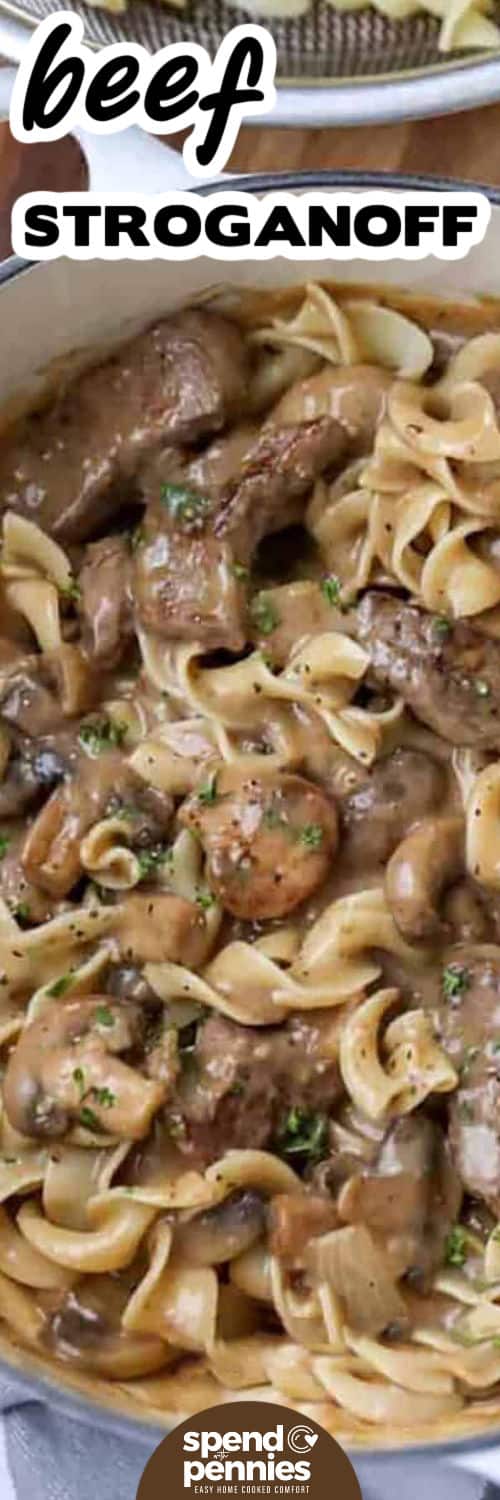 pot of Beef Stroganoff with a title