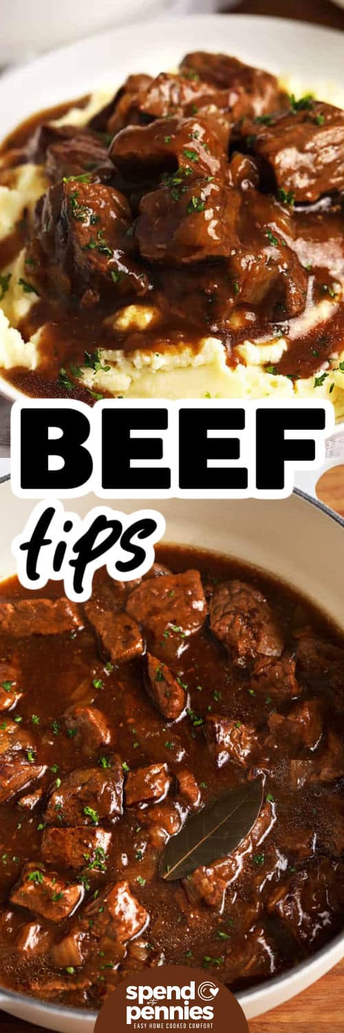 This stovetop beef tips recipe is all about tender beef and rich, savory gravy. Cubed chuck roast is browned in batches to build flavor, then simmered slowly with onion, broth, condensed onion soup, and Worcestershire sauce. The result is fork-tender beef with enough gravy for mashed potatoes, noodles, or rice. It is simple comfort food with just 20 minutes of prep. Save this recipe for a cozy dinner everyone can enjoy. #spendwithpennies Beef Tips in the pan and on mashed potatoes with a title