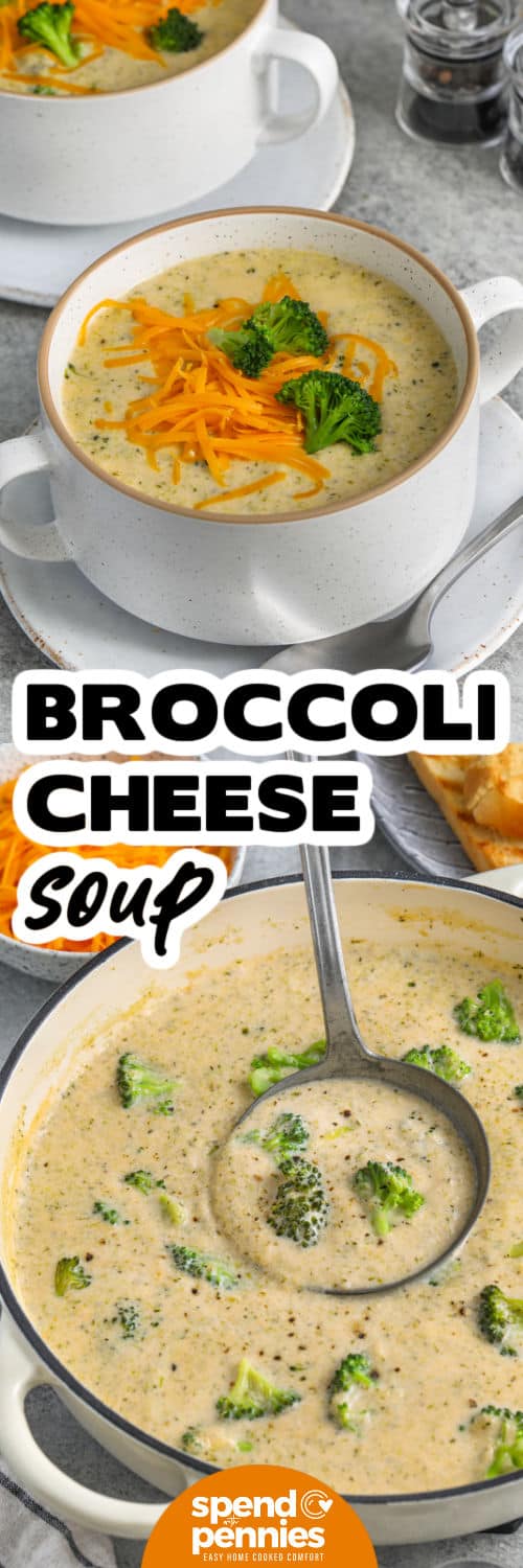 Homemade broccoli cheddar soup is a comforting stovetop recipe with tender broccoli and plenty of creamy cheese flavor. Sharp cheddar provides the familiar cheesy bite, Parmesan adds savory depth, and cream cheese helps give the soup a smooth, rich texture. Reserve some broccoli before blending to keep satisfying pieces in every bowl. It is simple enough for a weeknight meal. Save this soup recipe to make soon. #spendwithpennies Broccoli Cheddar Soup in the pot and top photo in bowls with a title