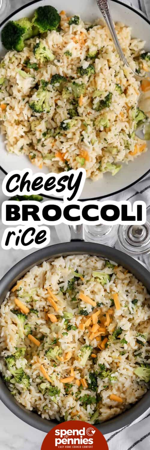Broccoli Rice in the pot and plated with a title