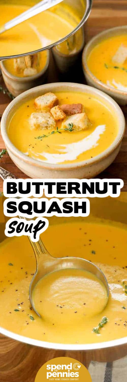 This roasted butternut squash soup is an easy make-ahead recipe for busy fall and winter days. Roast the squash ahead, then simmer it with apple, broth, thyme, and sage before blending until smooth. A splash of cream adds richness, while crunchy croutons make a simple finishing touch. The soup can also be portioned for future meals. Save this creamy soup for cozy meal prep. #spendwithpennies Butternut Squash Soup in the pot and in bowls with writing