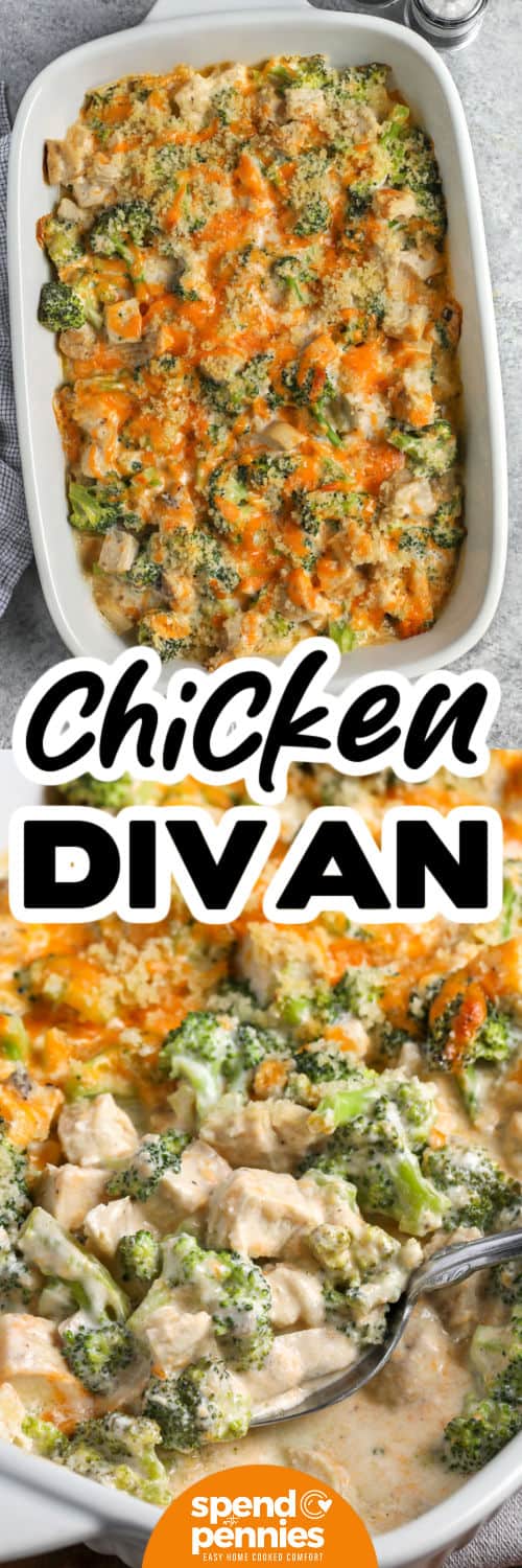 This creamy chicken divan broccoli casserole delivers plenty of comfort with very little hands-on prep. Chicken and tender-crisp broccoli are folded into a cheddar cream sauce seasoned with garlic, onion, and dry mustard, then topped with buttery panko crumbs. The casserole bakes until bubbly and lightly browned and pairs beautifully with rice or mashed potatoes. Save this easy chicken recipe when you need a cozy dinner in about 35 minutes. #spendwithpennies Chicken Divan in the dish and close up photo with a title.