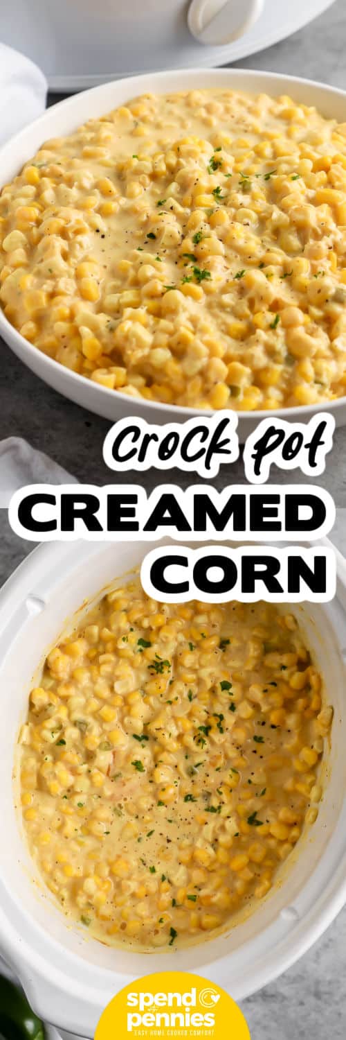Crock pot creamed corn makes a cozy holiday side without taking up valuable oven space. Frozen corn simmers with milk and cream cheese until rich and creamy, then butter and cheddar are stirred in for an extra savory finish. Add finely diced jalapeño for gentle heat or leave it out for a mild version everyone can enjoy. Save this creamy corn recipe for Thanksgiving, Christmas, or your next potluck. #spendwithpennies Crock Pot Creamed Corn in the pot and plated with a title.
