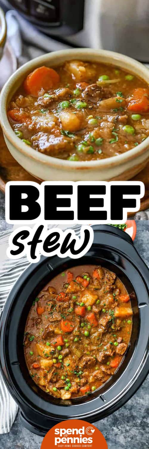 Crockpot Beef Stew in the pot and plated with a title