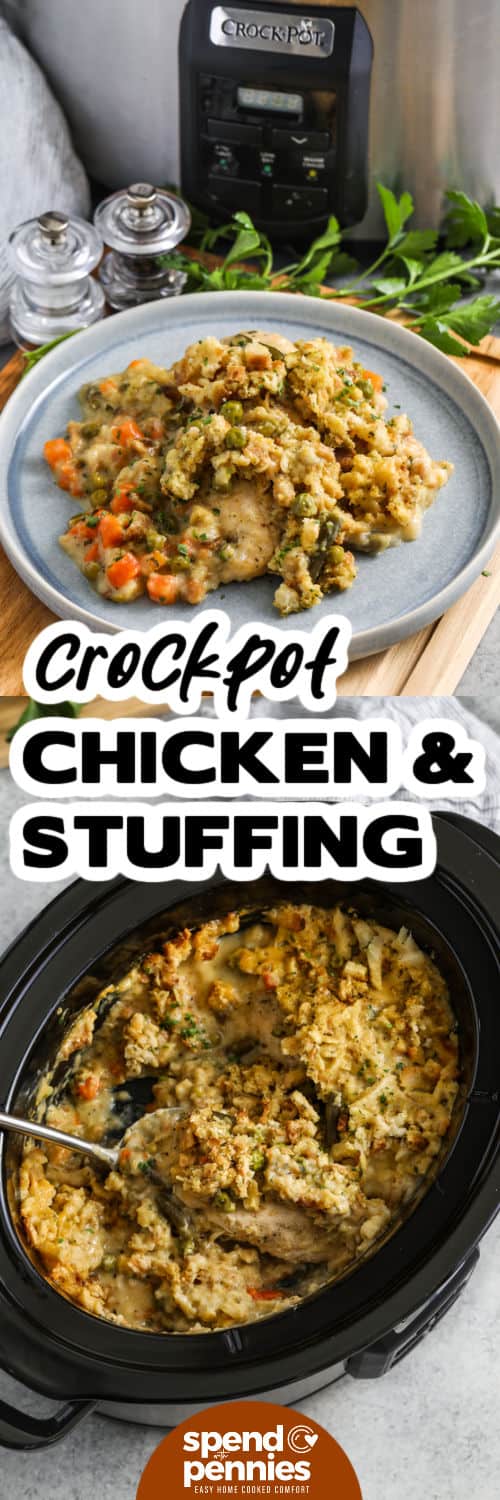 This crockpot chicken and stuffing recipe turns simple freezer and pantry staples into a warm, satisfying dinner. Tender chicken breasts cook beneath frozen vegetables and savory stuffing while a creamy mixture of chicken soup, broth, and milk adds moisture and flavor. There is no need to thaw the vegetables or cook the stuffing first, making prep especially quick. Pin this easy chicken dinner for your next busy weeknight. #spendwithpennies Crockpot Chicken and Stuffing in the pot and top photo plated with a title
