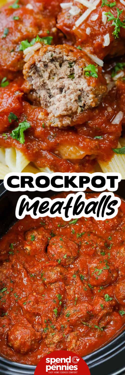Make homemade crockpot meatballs without dirtying a skillet. These beef meatballs are flavored with Parmesan, fresh parsley, breadcrumbs, and Italian seasoning before cooking directly in a rich marinara and tomato sauce. They come out tender and saucy, and leftovers can be frozen for another meal. Pair them with pasta and a crisp salad for an easy dinner everyone can enjoy. Save these slow cooker meatballs for your next meal-prep day. #spendwithpennies Crockpot Meatballs in the pot and close up of one with a bite taken out and a title.