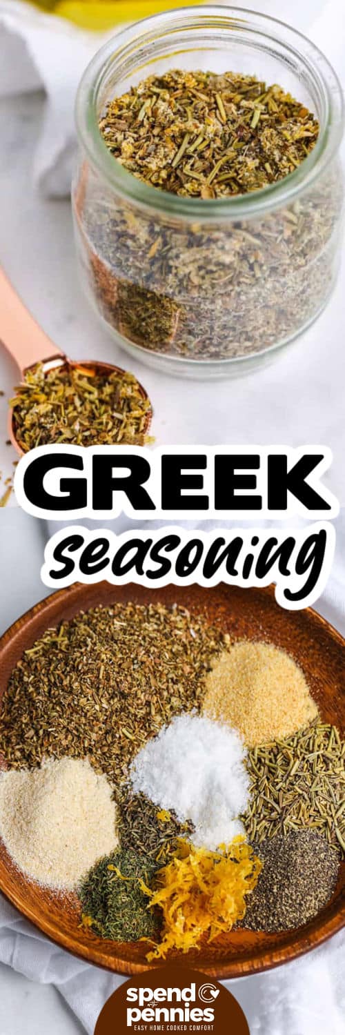 An easy Greek seasoning is a useful shortcut when chicken, fish, potatoes, or vegetables need more flavor. This recipe combines aromatic oregano and rosemary with basil, dill, thyme, garlic, and onion for a savory herb mixture. Fresh or dried lemon zest can add a bright citrus note, depending on how the seasoning will be stored. Mix it in just a few minutes and use it throughout the week. Save this Greek seasoning for easy dinners. #spendwithpennies Greek Seasoning spices on a plate and mixed in a jar with a title.