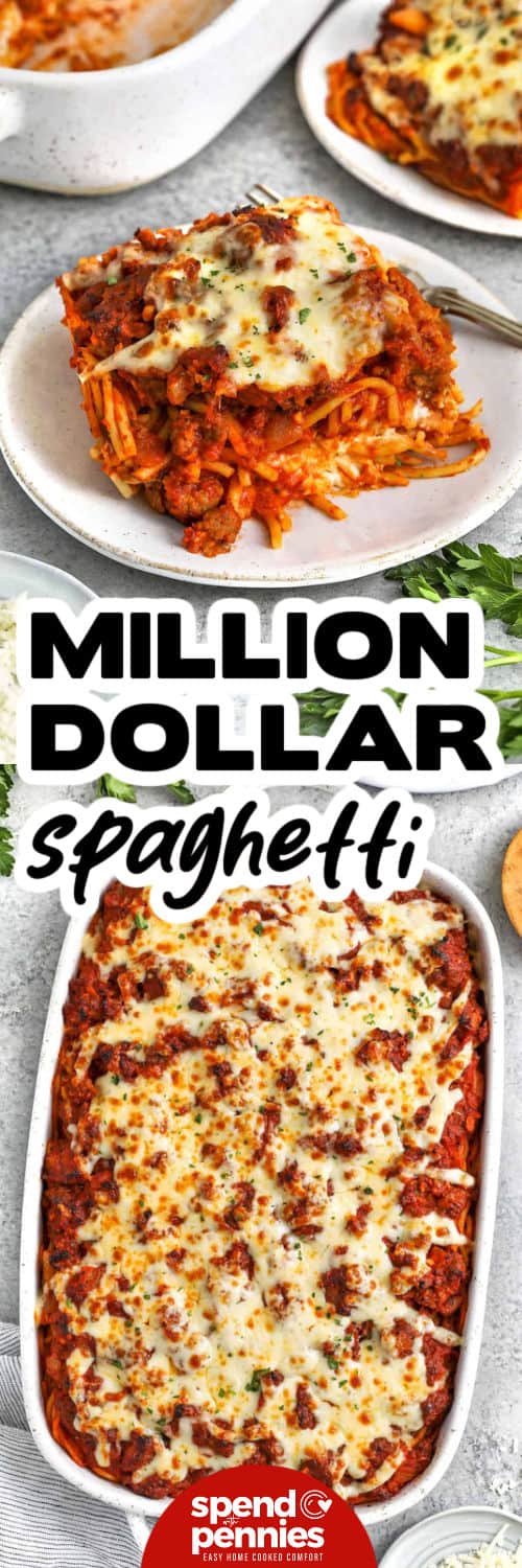Million dollar spaghetti casserole is a hearty way to turn affordable ingredients into a dinner that feeds a crowd. Spaghetti is tossed with marinara, layered with savory Italian sausage and a creamy cheese filling, then baked with mozzarella until hot and bubbly. The result is comforting, satisfying, and easy to portion for leftovers. Save this cheesy spaghetti casserole when you need an easy family-style pasta dinner. #spendwithpennies Million Dollar Spaghetti in the dish and on a plate