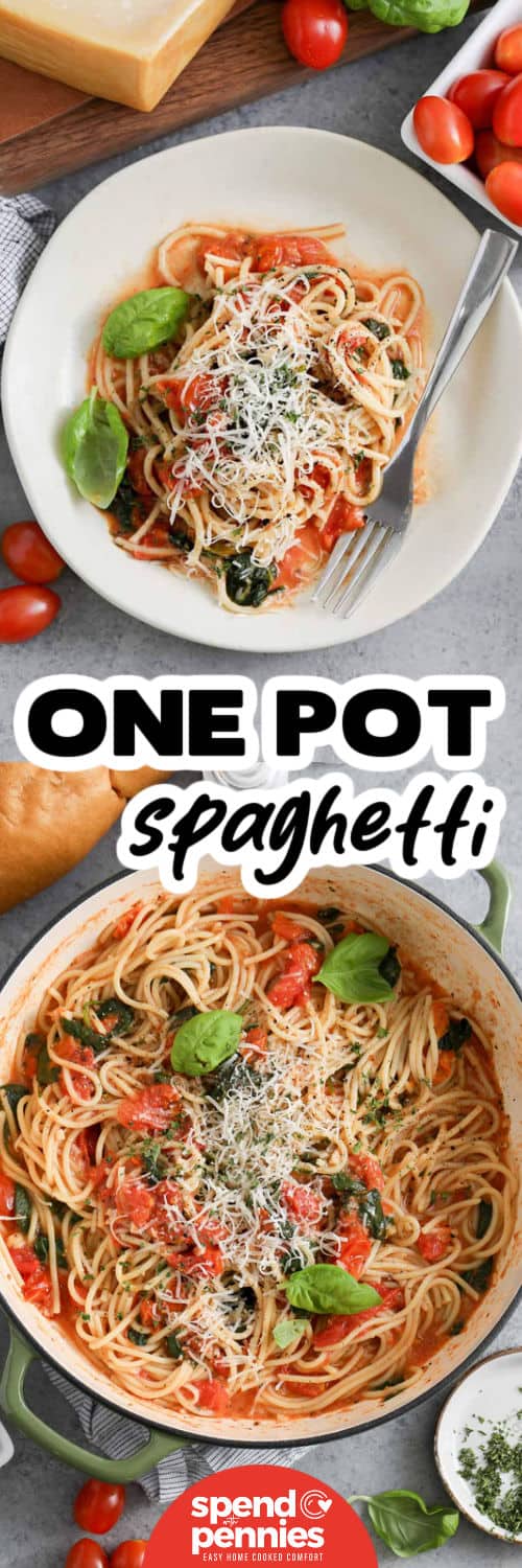 Make one-pot spaghetti when you want something fresh and comforting without a sink full of dishes. Dry spaghetti simmers right alongside juicy cherry tomatoes, garlic, basil, and lemon zest, then gets finished with fresh spinach and Parmesan cheese. The pasta starch naturally thickens the cooking liquid for a glossy, flavorful finish. This meatless meal is ready in about 30 minutes. Save this easy recipe for a simple dinner night. #spendwithpennies One Pot Spaghetti in the pot and top photo of plated dish with a title