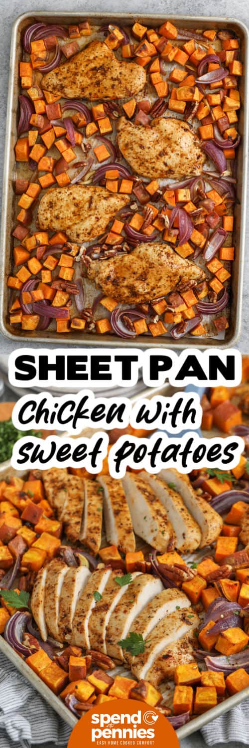 This Cajun chicken and sweet potatoes recipe turns familiar ingredients into a cozy one-pan meal. Sweet potatoes become tender with lightly caramelized edges while boneless chicken breasts roast with bold Cajun seasoning. Honey ties the sweet and savory flavors together, and red onion and garlic add even more roasted flavor. Save this chicken sweet potato sheet pan dinner for an easy meal with minimal cleanup. #spendwithpennies Sheet Pan Chicken and Sweet Potatoes and bottom photo close up with sliced chicken and a title