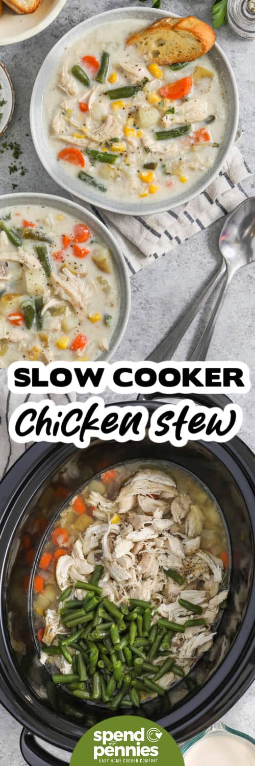 Slow cooker chicken stew in the slow cooker brings together tender shredded chicken, buttery potatoes, carrots, celery, corn, and green beans in one comforting meal. The vegetables cook slowly in seasoned chicken broth before cream is stirred in at the end for richness. Frozen vegetables help keep prep manageable on busy days. Save this easy slow cooker dinner for a cozy meal that requires minimal hands-on cooking. #spendwithpennies Slow Cooker Chicken Stew ingredients in the pot and top photo plated with a title.