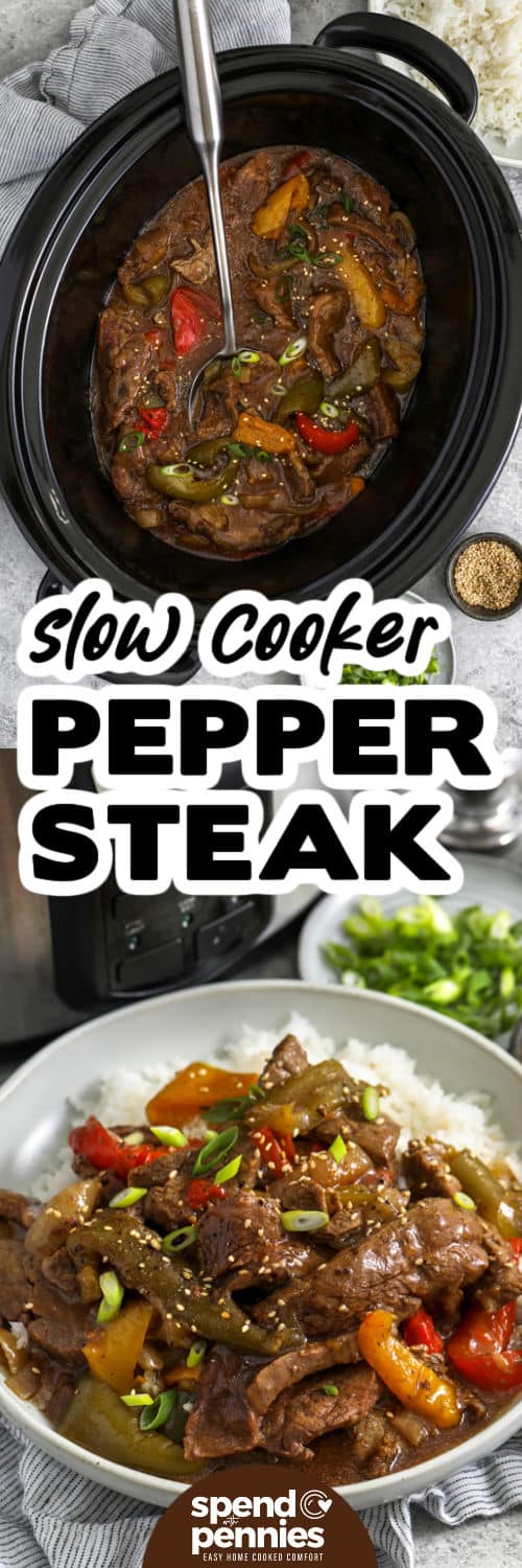 Slow cooker pepper steak brings tender beef, sweet bell peppers, and onions together in a rich and savory sauce. Soy sauce, fresh ginger, honey, and garlic create a wonderful balance of sweet and savory flavors. A touch of red pepper flakes adds just enough spice to keep things interesting. Spoon the tender beef and vegetables over rice or noodles for an easy dinner. Try this family-friendly recipe the next time you need a tasty meal. #spendwithpennies Slow Cooker Pepper Steak in the cooker and plated with a title